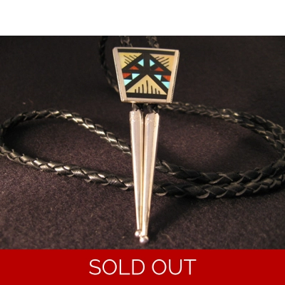 Silver Inlaid Bola Tie (Zuni) Turquoise, Jet, Coral & M.o.P. by Leander & Lisa Othole